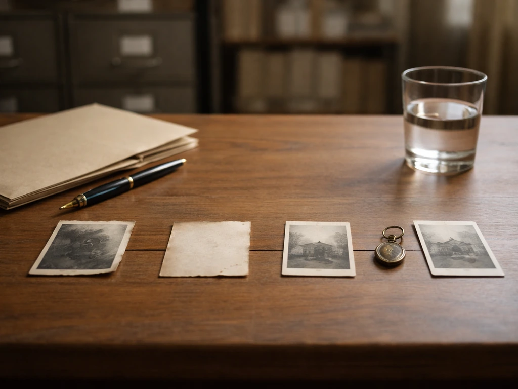 Minimal tabletop scene with a manila folder slightly open and a timeline-like line of blank vintage cards.