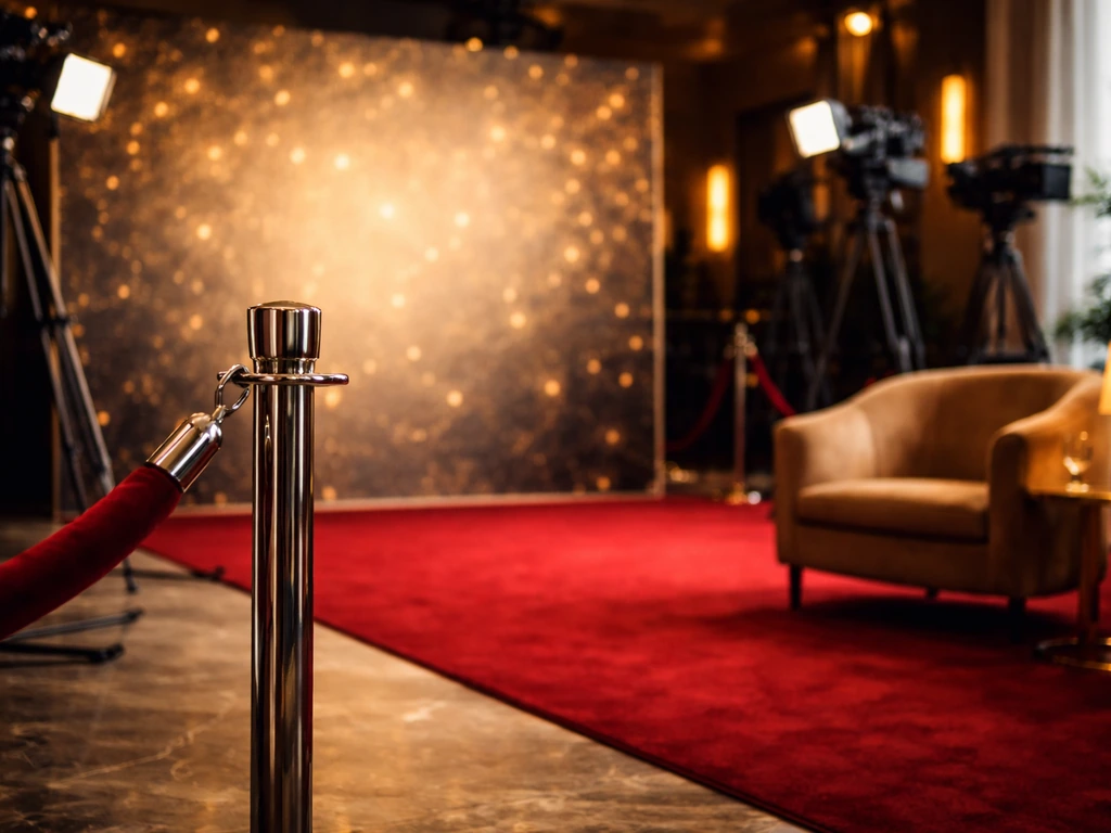 Empty press-event area with red carpet and camera equipment, symbolizing entertainment industry and earnings.