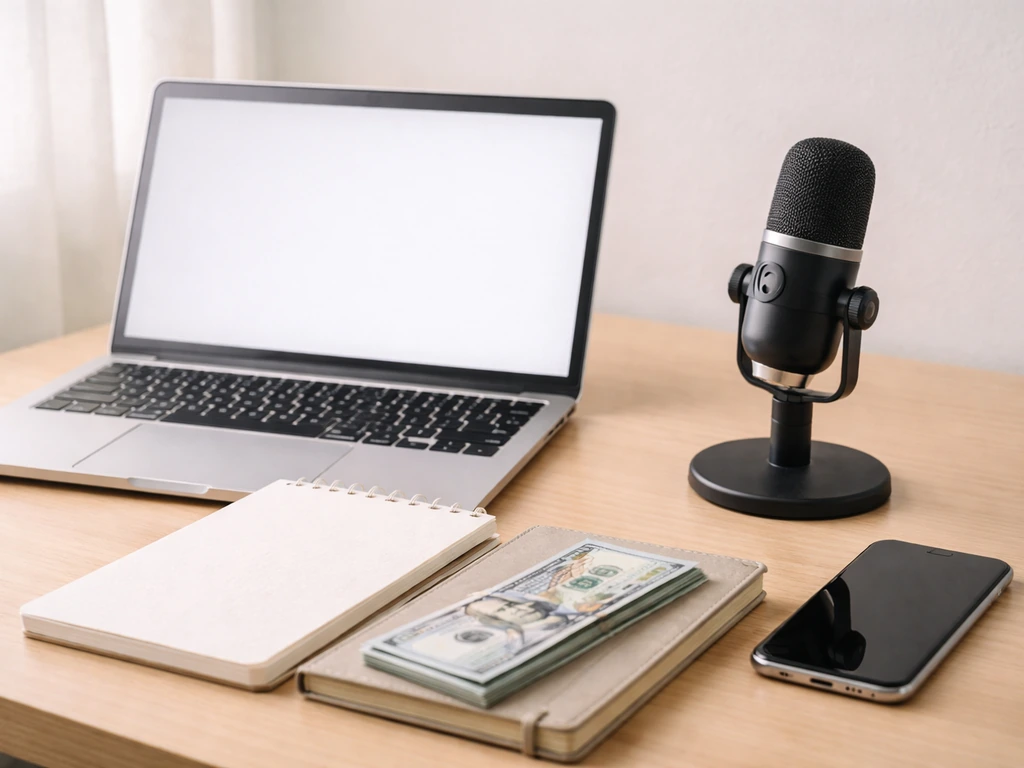 Minimal desk scene with laptop, microphone, smartphone, and cash symbolizing media income uncertainty.
