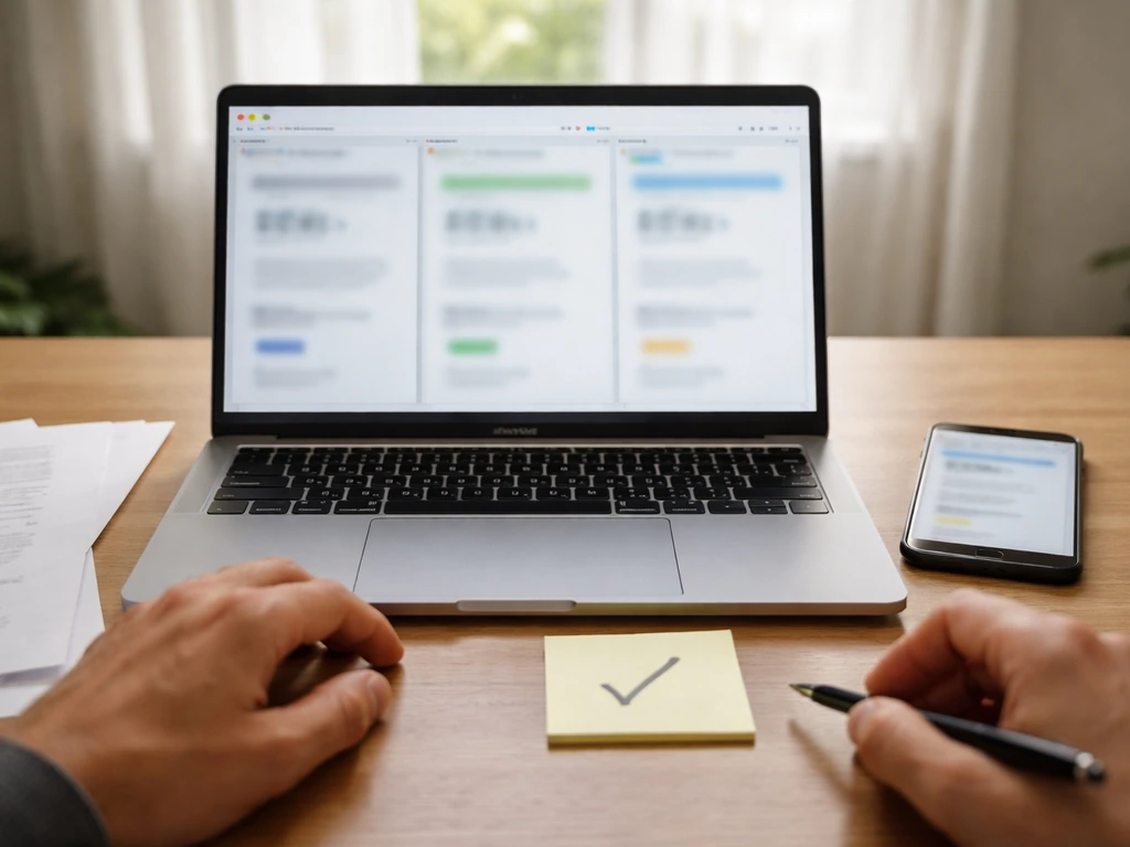 Person comparing net worth pages on a laptop and phone, with a clear sign of agreement.