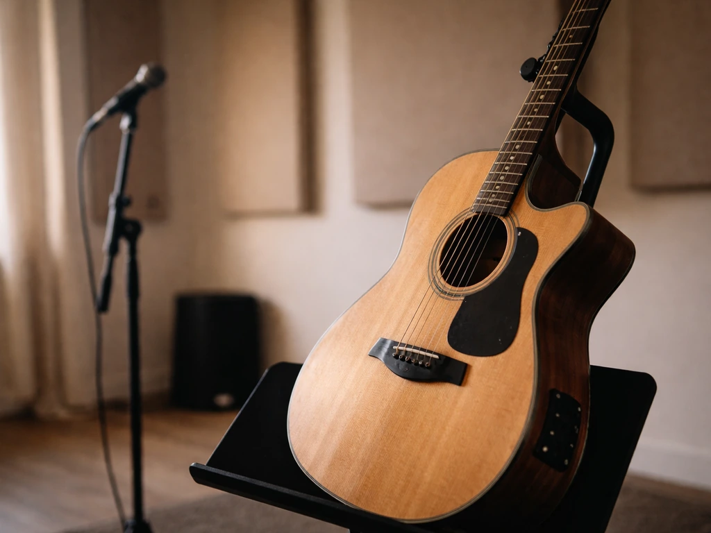 Close-up of a guitar in a quiet recording studio, with a microphone stand nearby.