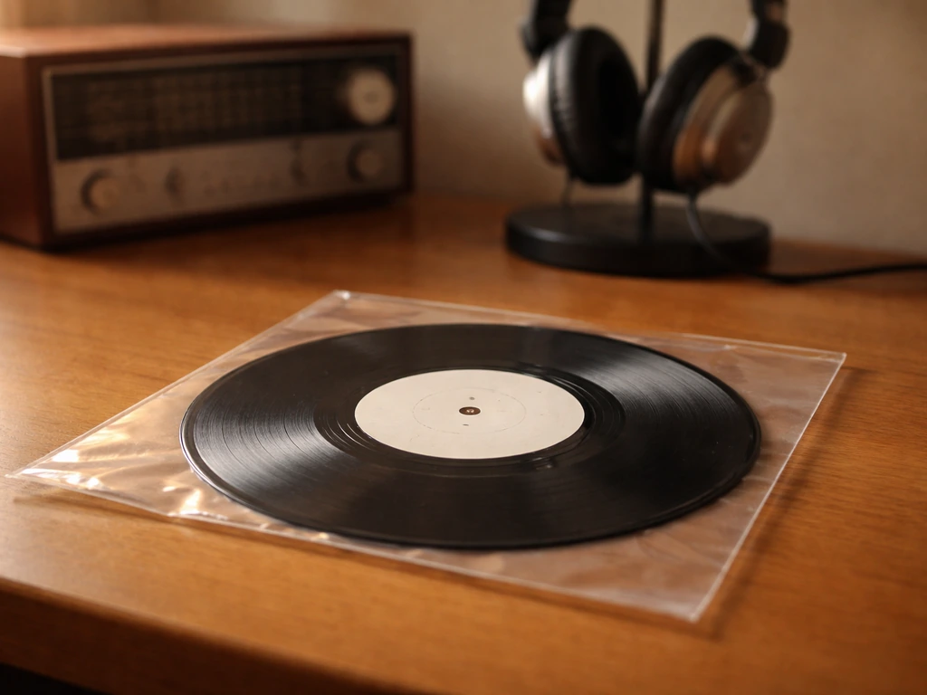 Vintage vinyl single and headphones on a wooden desk, warm light suggesting a classic UK chart era