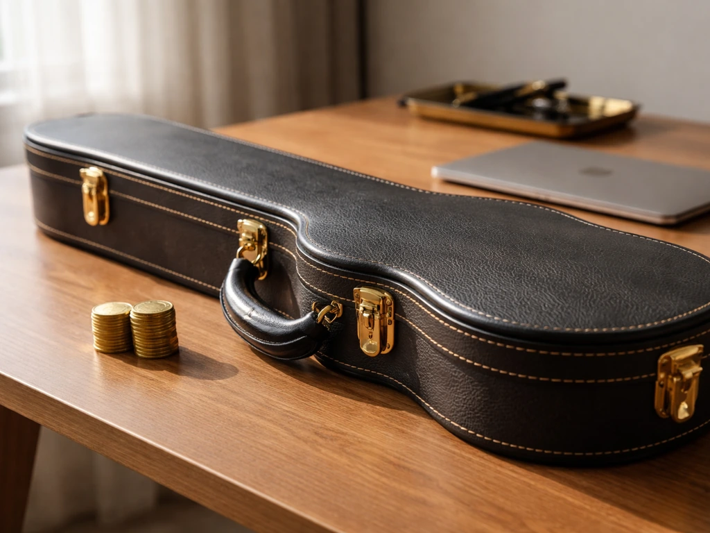 Minimal photo of a luxury guitar case on a clean desk beside a closed laptop and a few gold coins