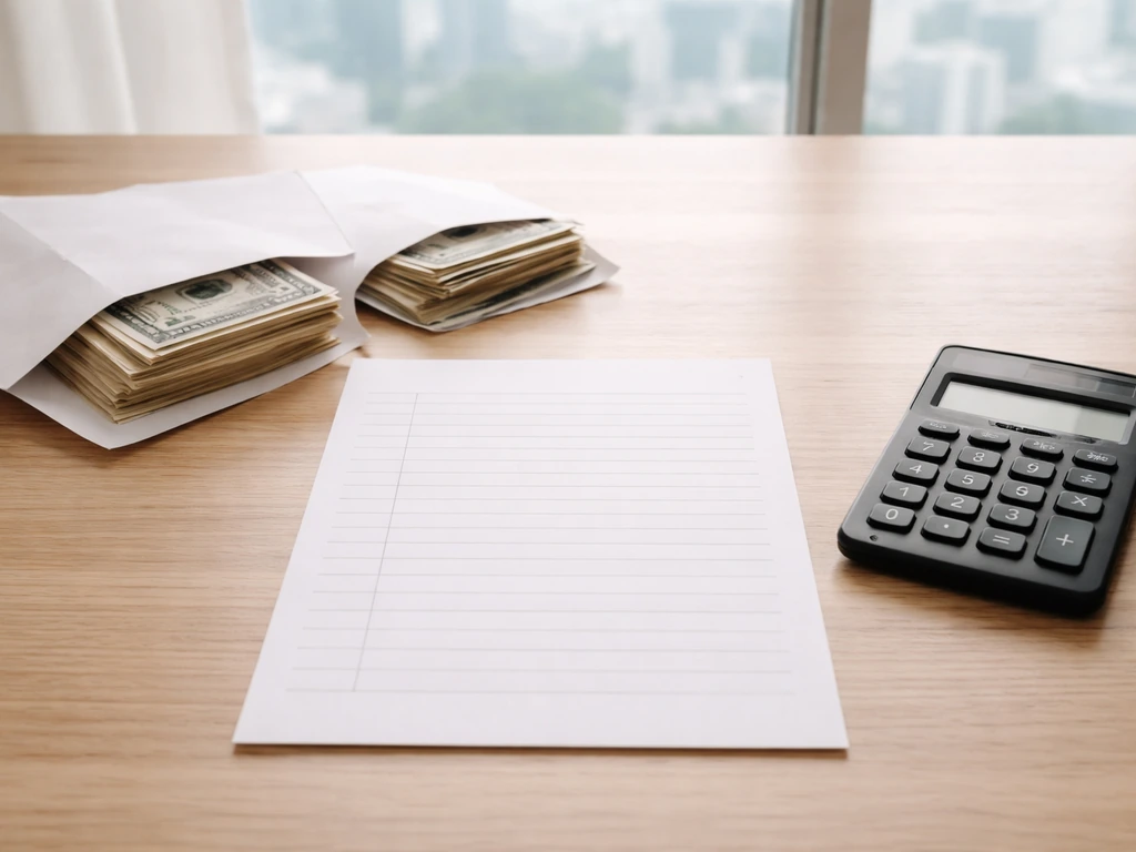 Close-up of a blank paper sheet with money envelopes and a calculator on a desk, suggesting net worth estimates.