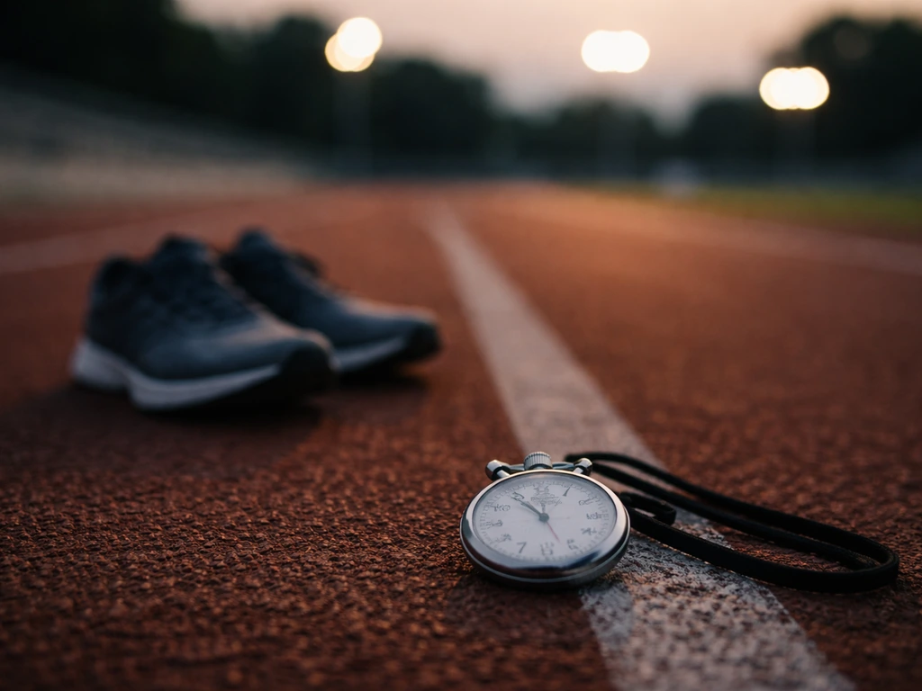 Blurred track shoes and stopwatch near a lane line with a softly lit finish straight in the background.