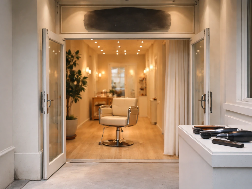 Sunlit salon entrance with a single chair and neatly placed hair tools, hinting at a blowout brand origin.
