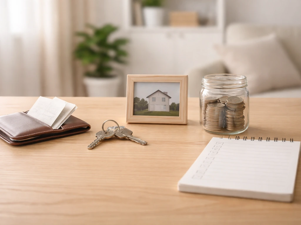 Minimal desk scene with house key, coins jar, blank receipts, and an unlabeled checklist page.