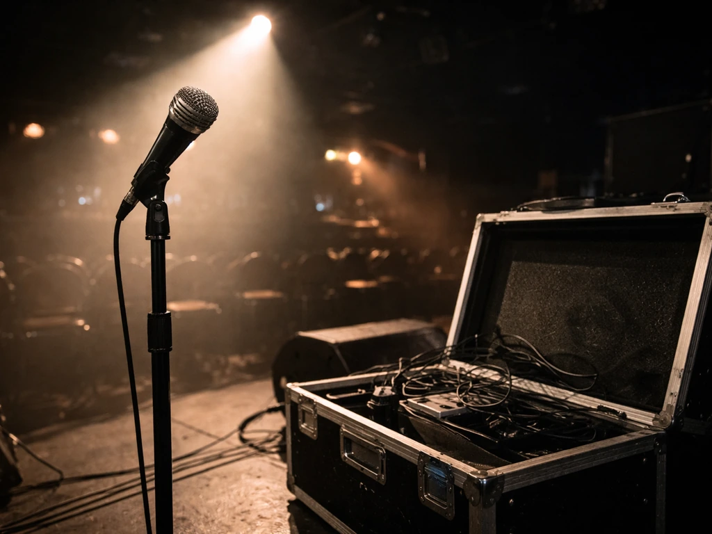 Vintage stage microphone and touring gear on a dim club stage, hinting at live performances.