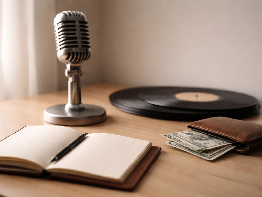 Vintage microphone and music records on a desk with cash, suggesting music careers and wealth comparison.