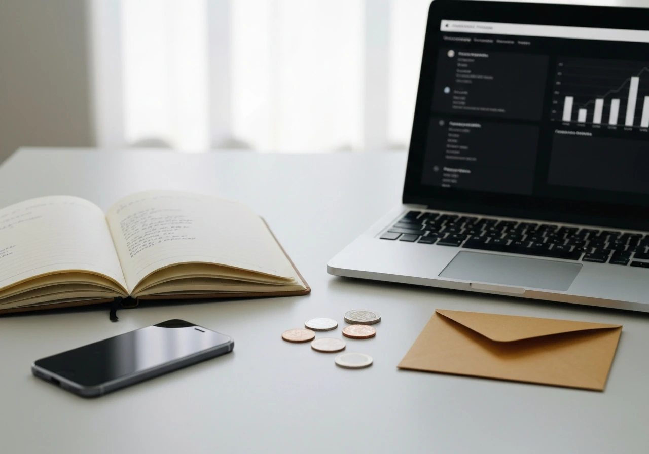 A simple finance-themed desk scene with envelopes, coins, and a laptop showing a generic budgeting notebook