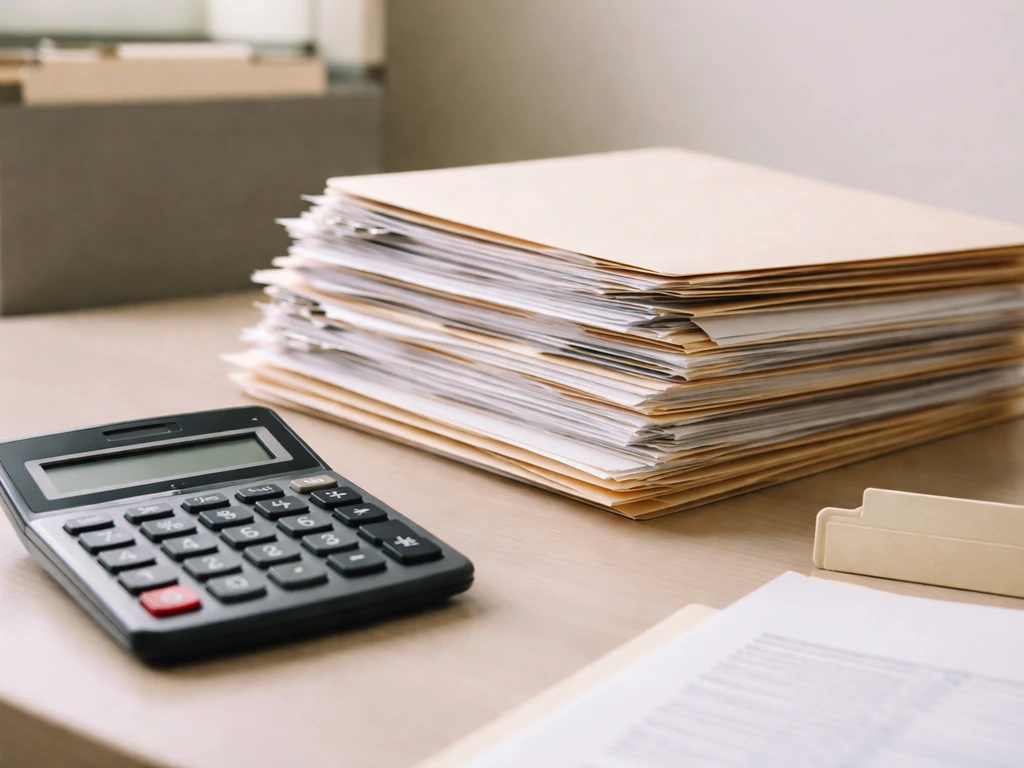 Close-up of neatly stacked official-looking papers and an ID badge beside a calculator on a desk
