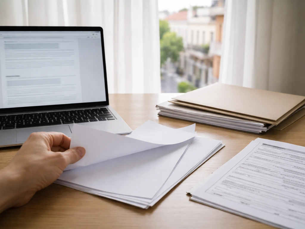 Close-up of a hand checking blank paperwork beside a laptop, suggesting public nonprofit record verification.