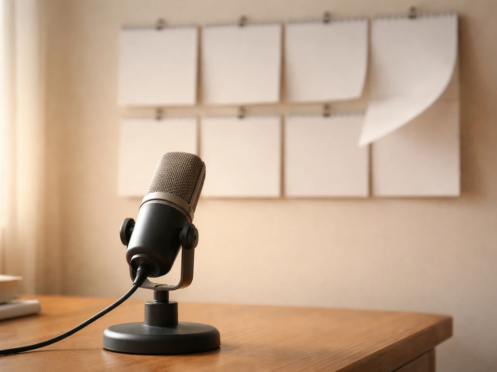Minimal photo of a studio microphone beside a wall calendar, symbolizing decades of media work