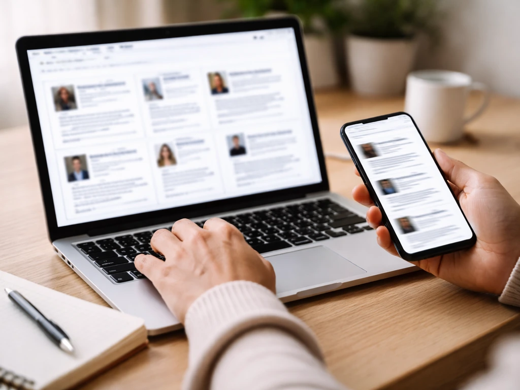 Anonymous person at a desk using a laptop and phone to research celebrity net worth sources