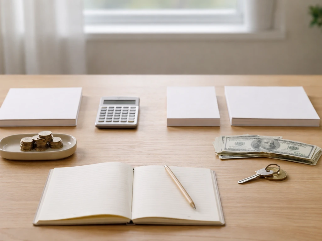Minimal desk scene with objects suggesting assets versus liabilities for the idea of net worth.