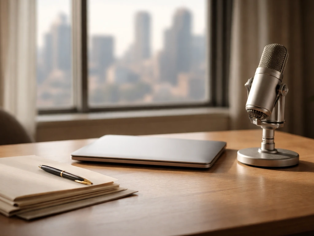 Minimal photo of a luxury desk with a microphone and a blurred city view, symbolizing wealth estimation