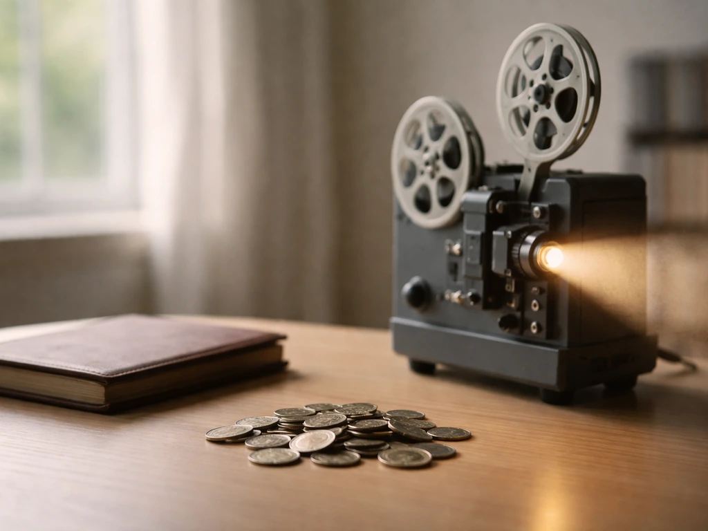 Close-up of an old film projector casting light onto a desk with scattered coins and a journal