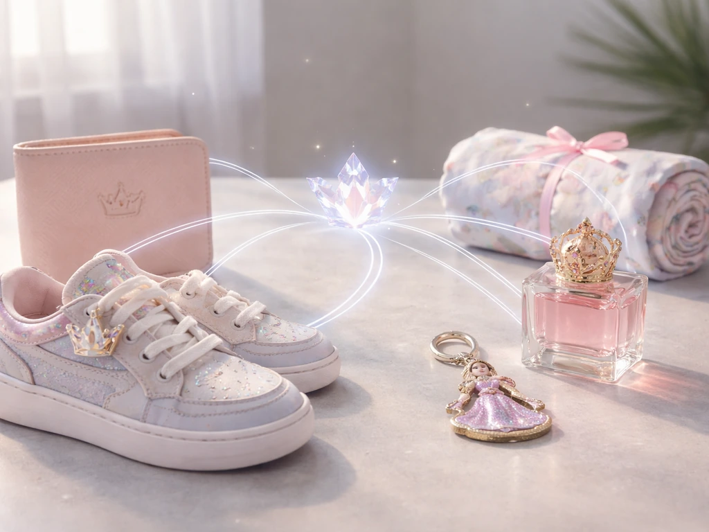 Minimal tabletop still-life: a small crown token with clear light streams flowing to merch-like product objects.