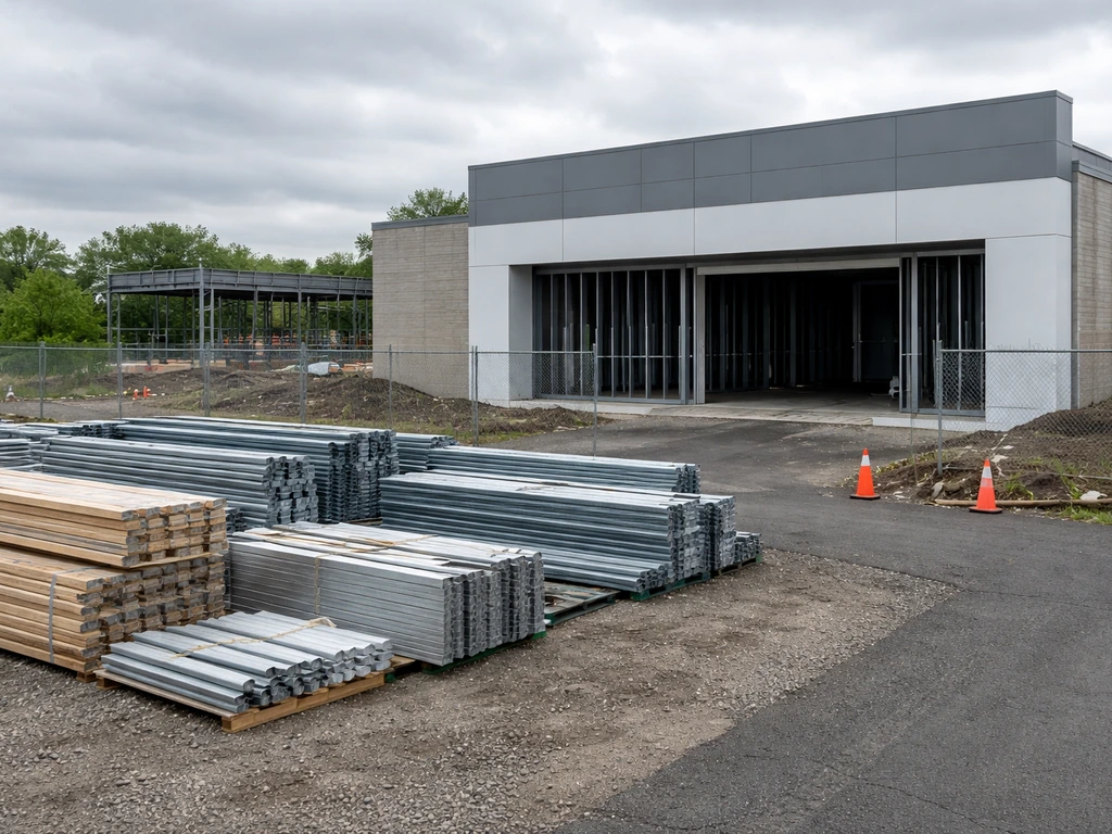 Minimal photo of a construction company building façade with a quiet site, symbolizing private business operations