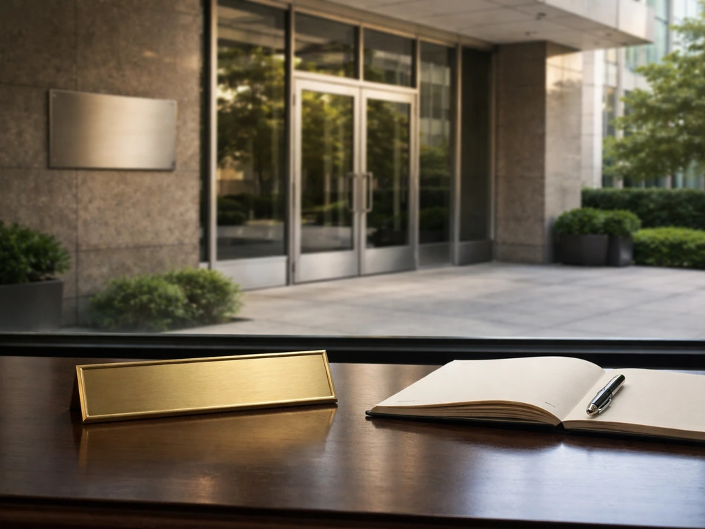 Minimal office desk with pen and open notebook in front of a modern corporate building facade