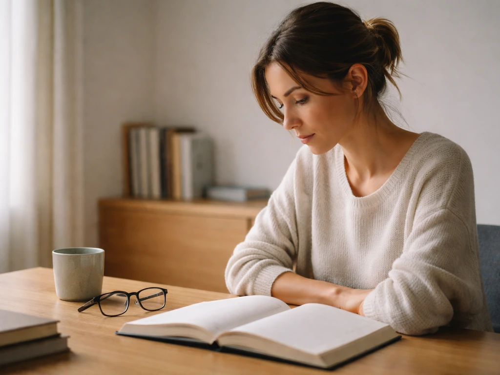 Woman at a simple desk with an open book, suggesting research to clarify which Buffett daughter is meant.