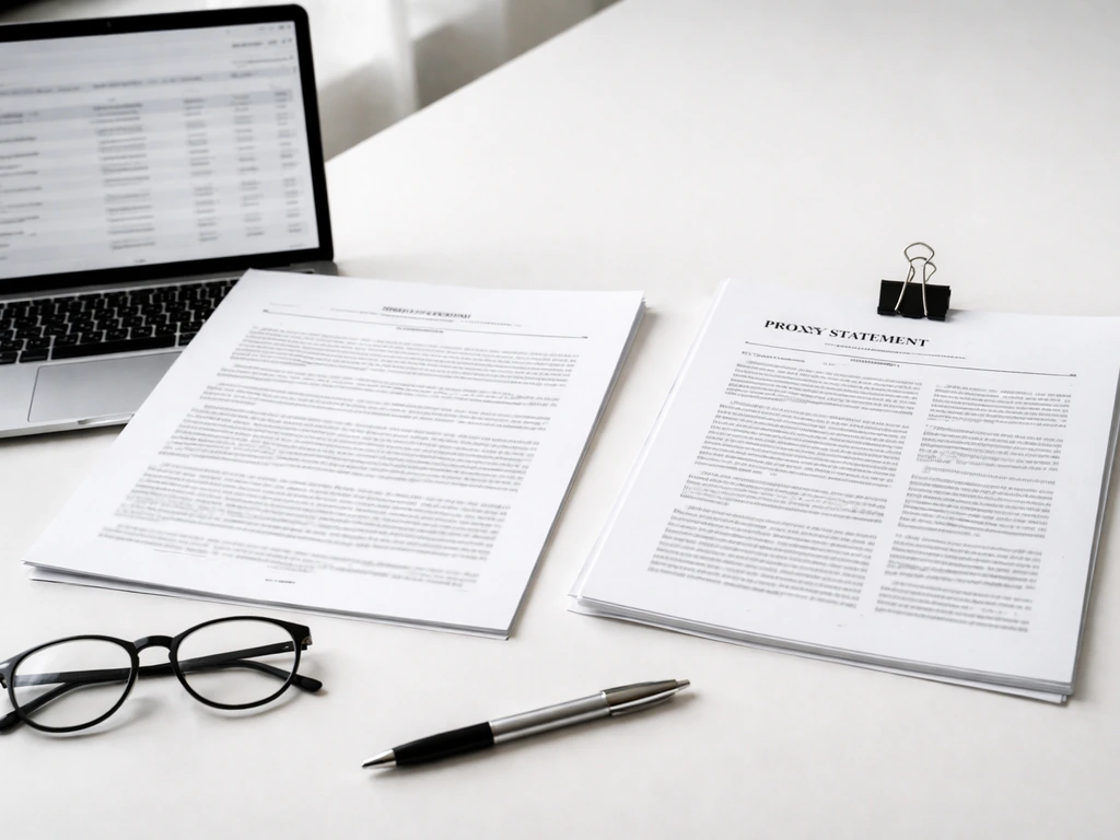 Desk with open SEC-style filing and proxy document, plus a blurred laptop EDGAR-like page.