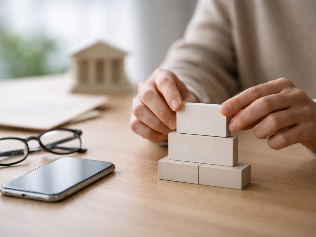Anonymous hands arranging blank cards beside phone and glasses on a simple desk, suggesting net-worth components.