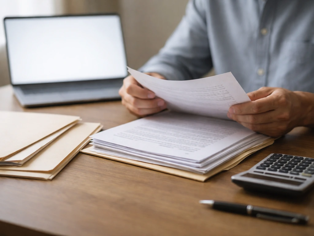 Hands reviewing printed documents beside a laptop with public-record style folder contents in a quiet home office.