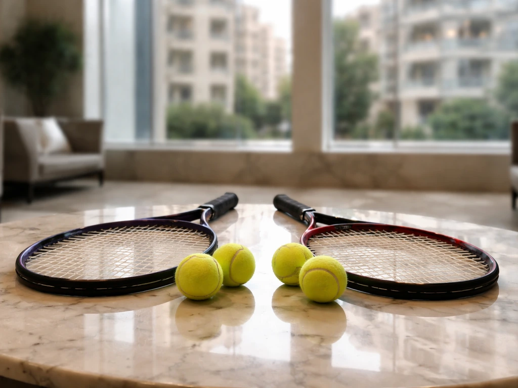 Two tennis rackets and balls on a marble table in an upscale office lobby, symbolizing two athletes.