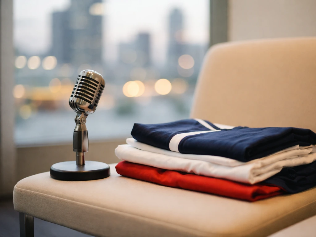 Close view of a broadcast microphone and folded sports apparel in a quiet event lounge with a city blur