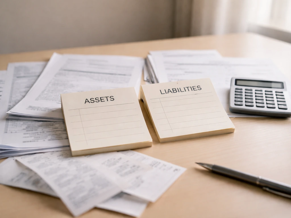 Blurred financial documents showing assets minus liabilities concept in a minimal desk setup