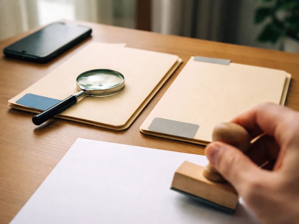 Minimal desk scene showing an identity check process with folders, a magnifying glass, and a confirmation stamp.