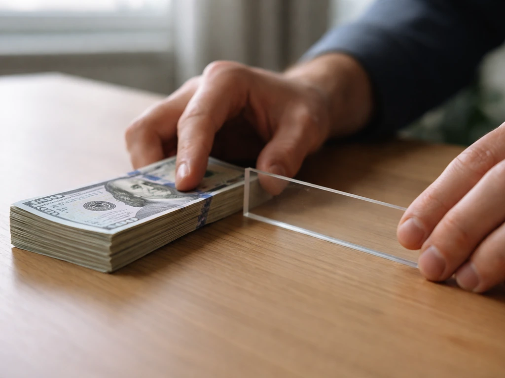 Hands placing a transparent ruler-like strip over cash bills to suggest a defensible net-worth range