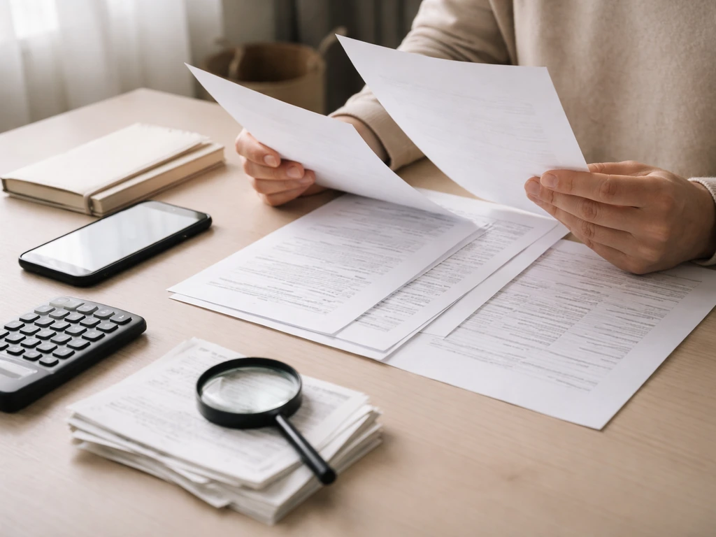 Hands on a desk reviewing documents and receipts with a magnifying glass, symbolizing fact-checking an estimate.