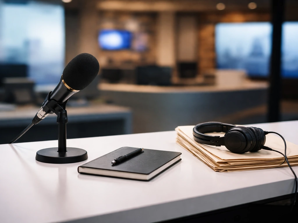 Minimal newsroom desk scene suggesting TV media identity without showing any person