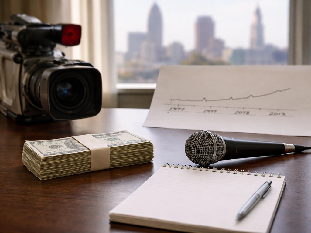 Vintage news studio desk with microphone and symbolic cash, blurred city view behind it.