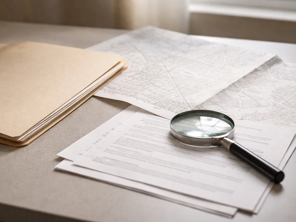 Minimal office desk scene with open property records binder and a magnifying glass over a county map.