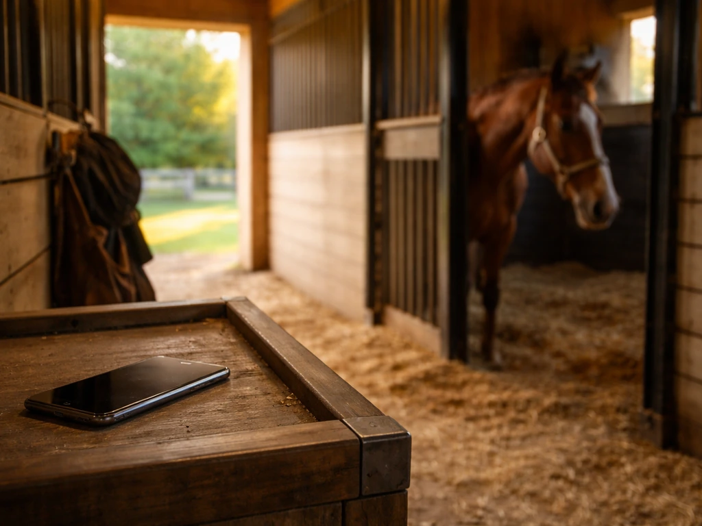 Chestnut horse in a tidy stable with a phone on a wooden shelf, symbolizing equine wealth and analysis.
