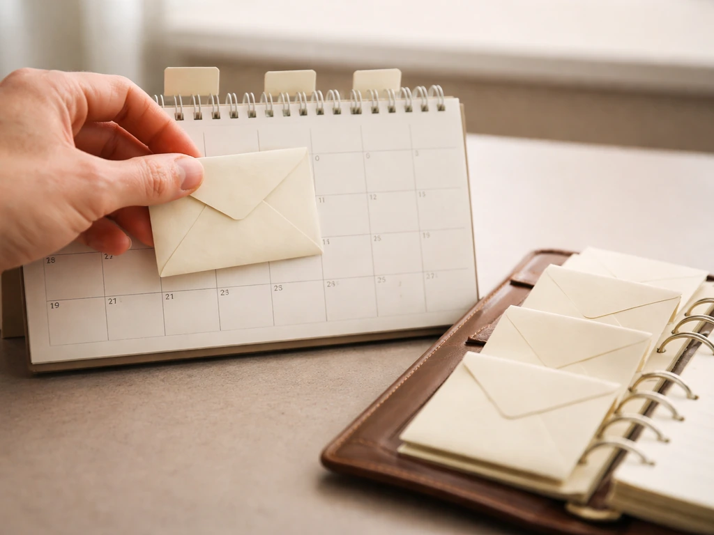 Close-up of a hand placing a small envelope into a timeline-style address book, evoking a 2007 donation milestone
