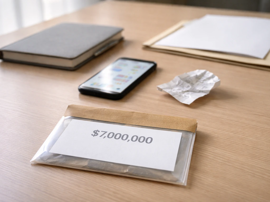 Minimal desk scene with a blank document and crumpled receipt suggesting an unverified single-source figure.