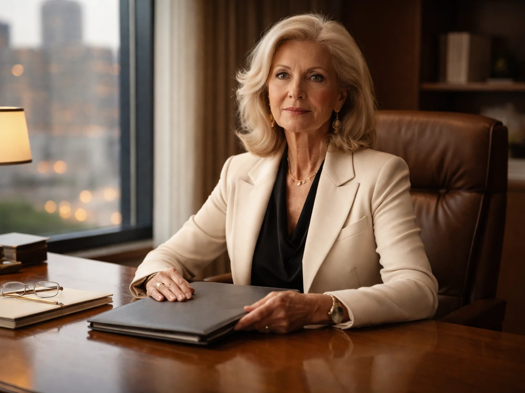 Alice Walton in a modern, elegant office setting with soft city light outside the window.