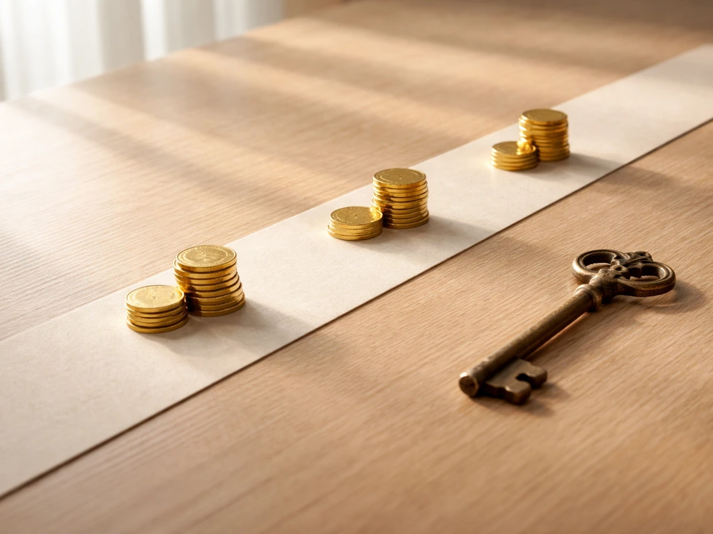 Minimal photo of a simple timeline with scattered gold coins and a polished heirloom key on a wooden desk.