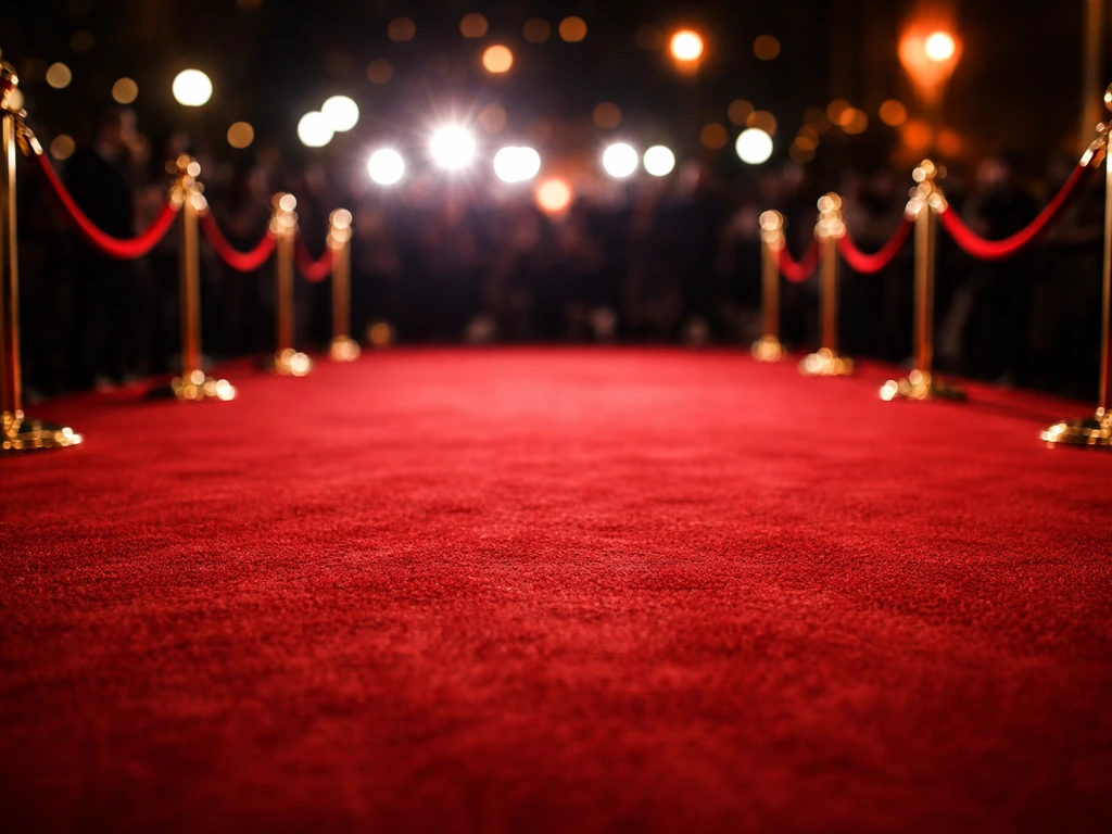 Red carpet velvet backdrop with a shimmering camera flash and luxury evening atmosphere