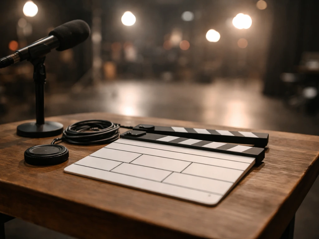 Close-up of a movie set slate and microphone on a studio table, symbolizing acting and screen work.