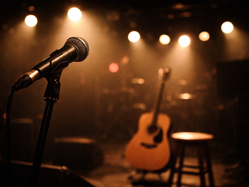Handheld microphone on a concert stage with warm lights and a guitar nearby, representing music career income.