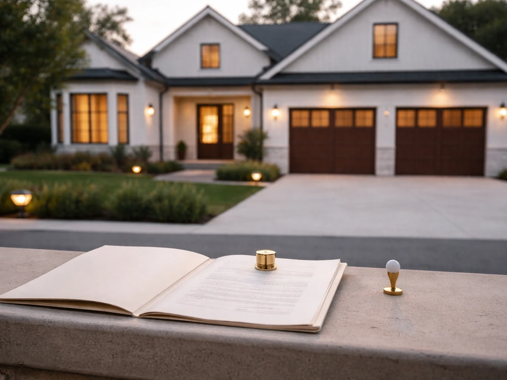 Residential house exterior beside a legal deed folder and a map pin icon-like marker