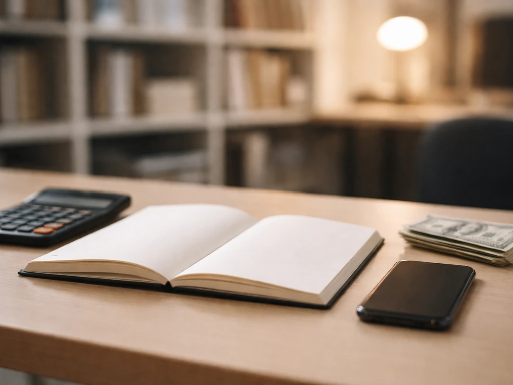 Minimal photo of a finance-themed desk with a notebook and cash nearby, suggesting net-worth estimation.