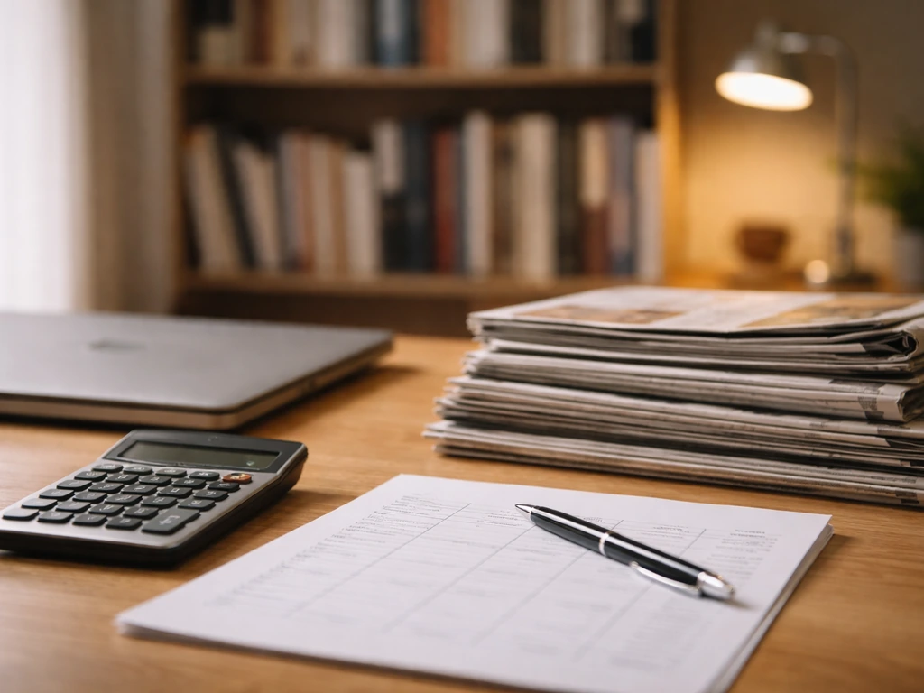Minimal office desk with a calculator, newspaper stacks, and a blurred estimate worksheet symbolizing net-worth research