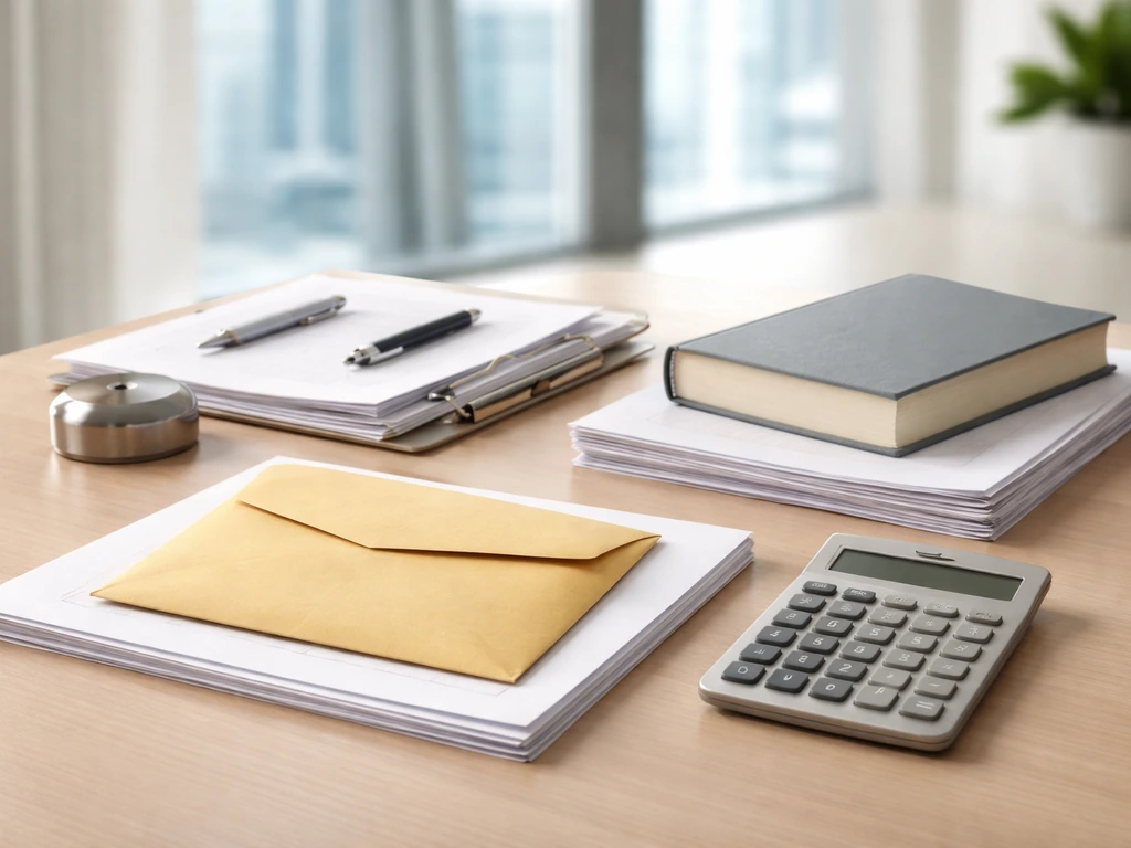 Minimal desk scene with scattered documents and a neutral calculator beside an envelope, suggesting income sources.