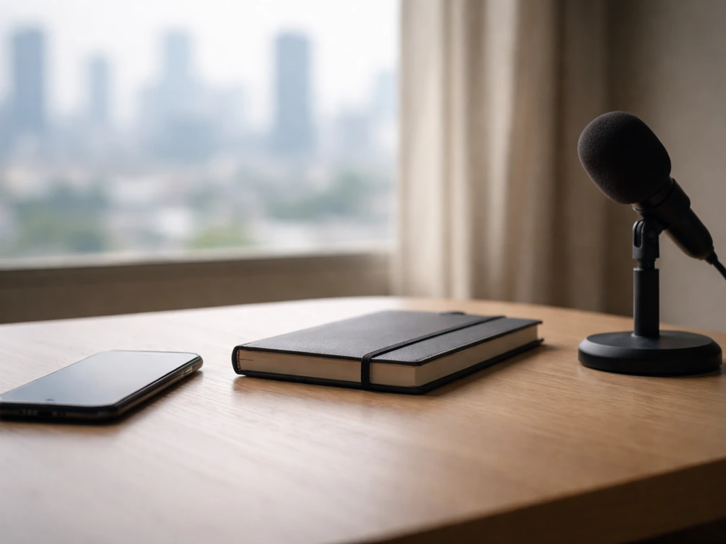 Minimal office desk with a smartphone and notebook, suggesting limited public financial evidence.